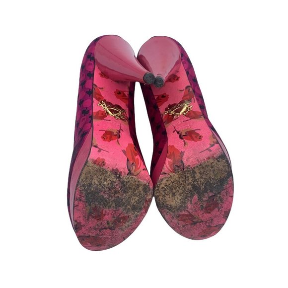 Betsey Johnson Size 5.5 M Pink Floral Ultra High Platform Leather Heels Peep Toe - Picture 9 of 9